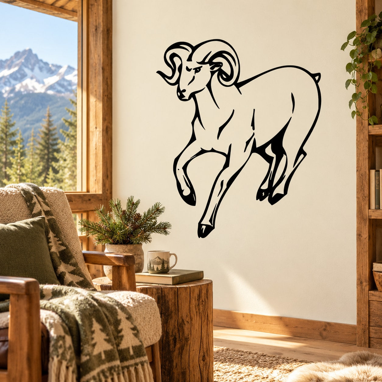 Trotting ram wall decal with bold black outline on light background