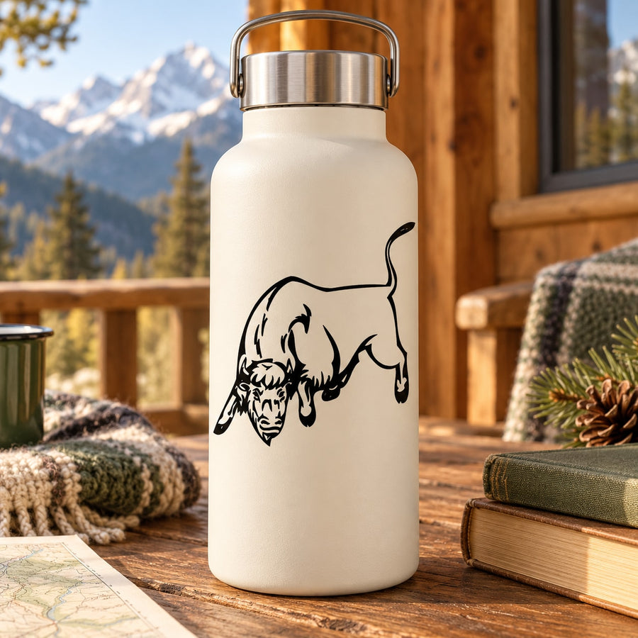 White bottle with black charging bull decal on front