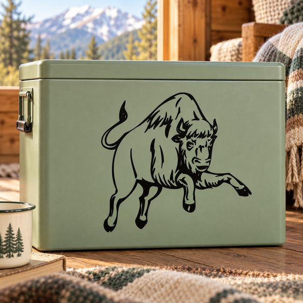 Charging bull decal on green metal cooler