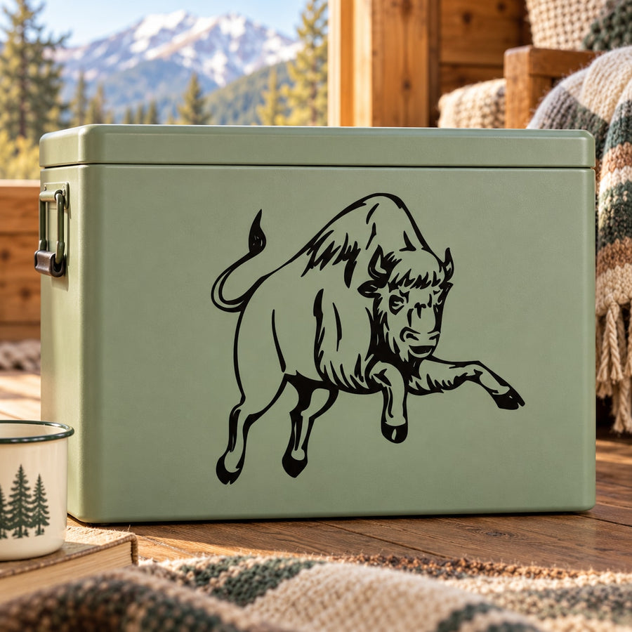 Charging bull decal on green metal cooler