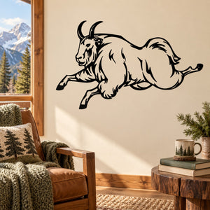 Leaping mountain goat decal, bold black outline on light background