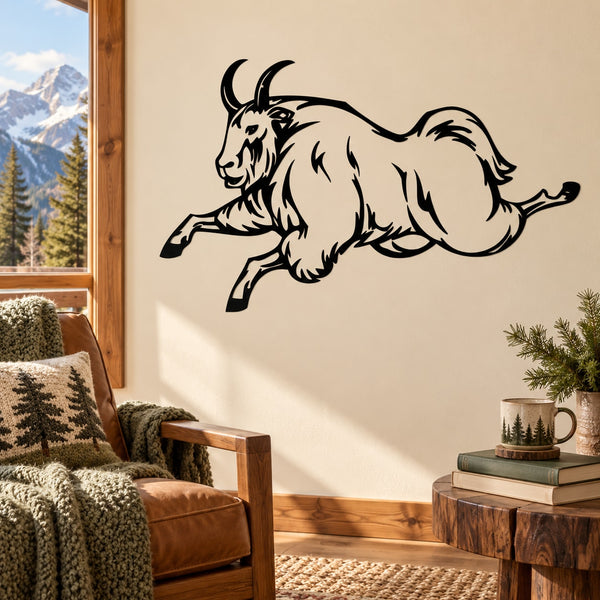 Leaping mountain goat decal, bold black outline on light background