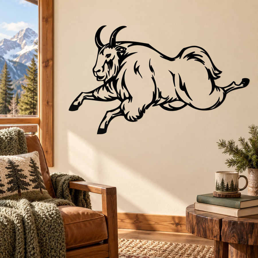 Leaping mountain goat decal, bold black outline on light background