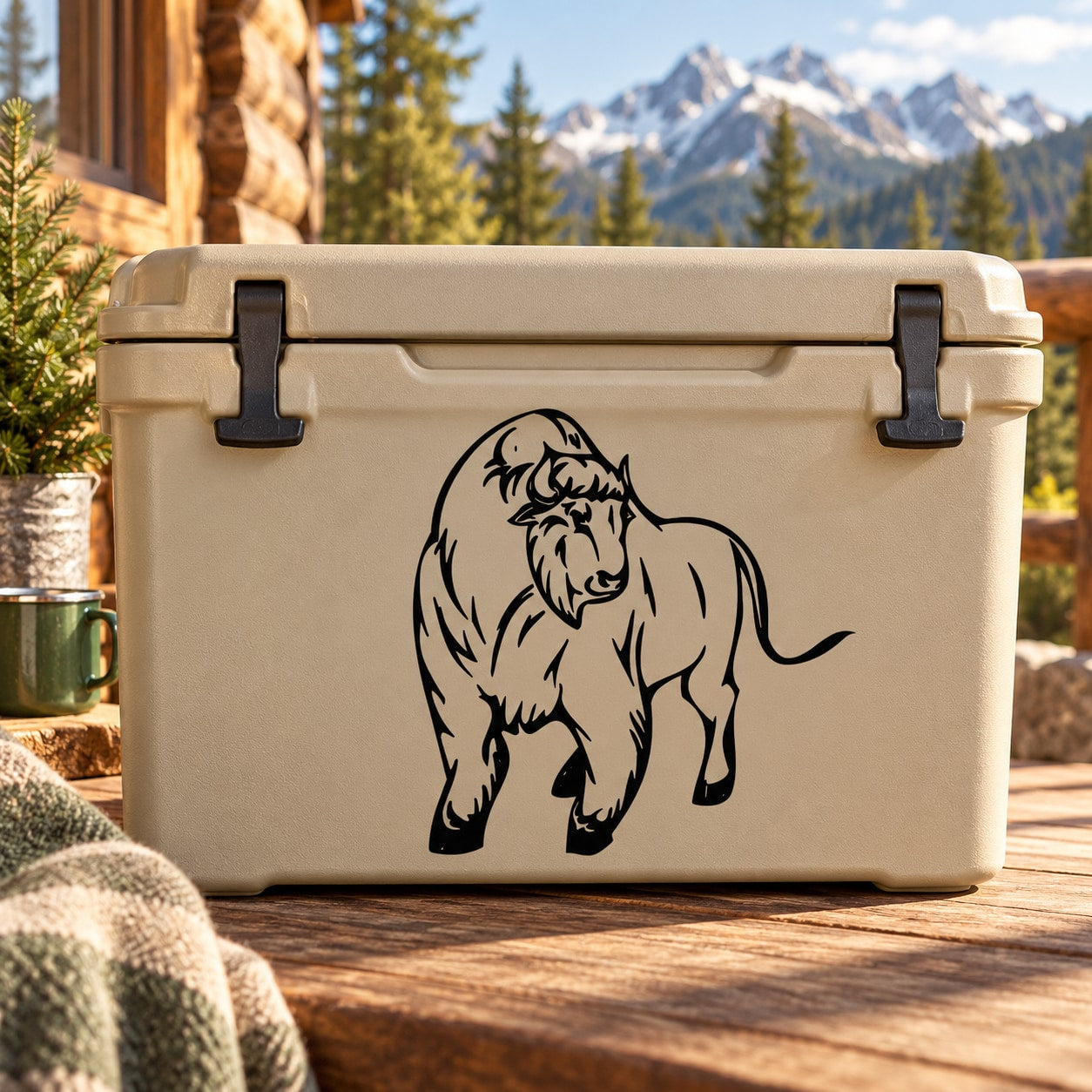 White cooler with black standing ram looking over decal