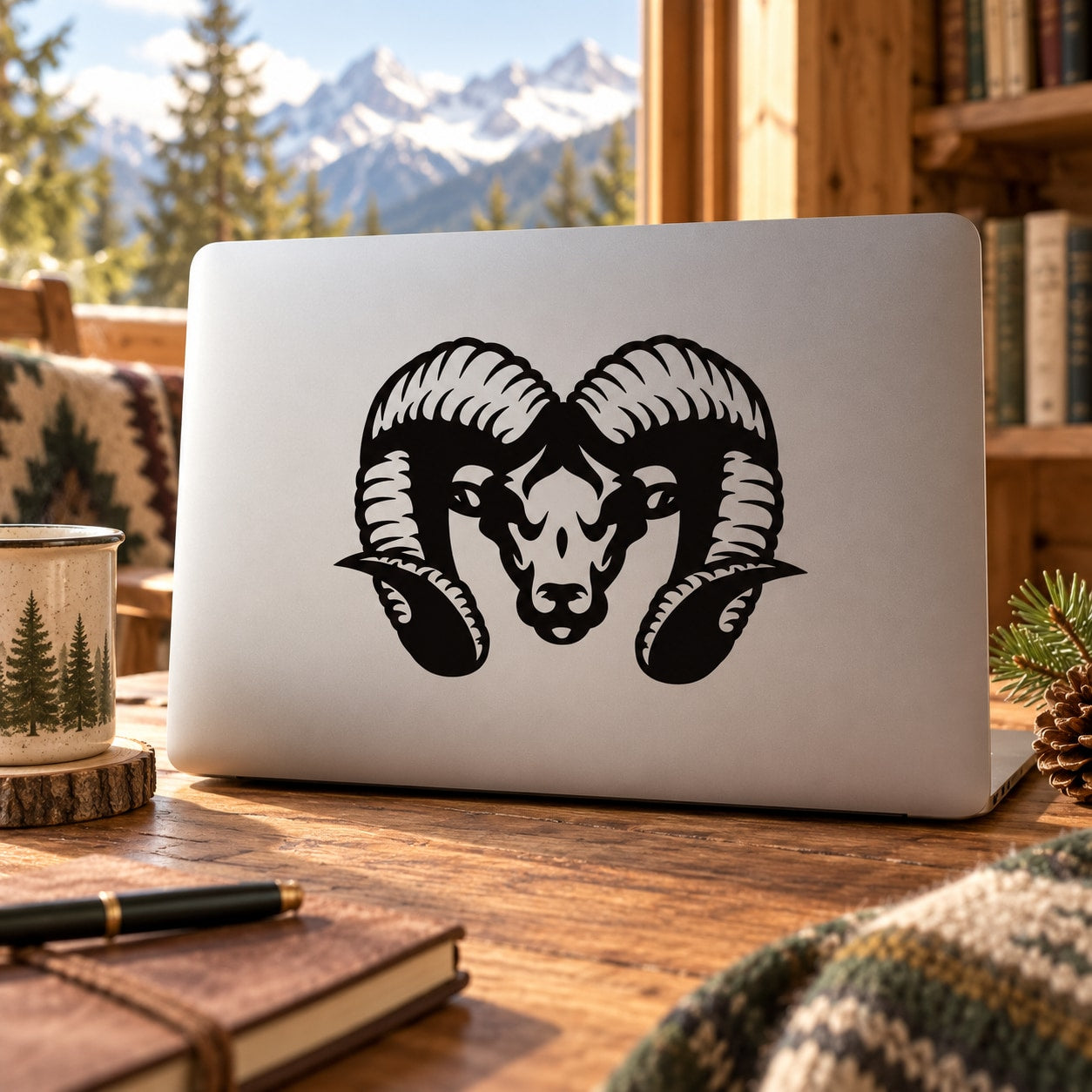 Ram head decal with bold black ram graphic on white backing