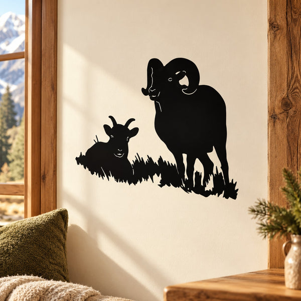 Black ram and calf silhouette wall decal with grass edge