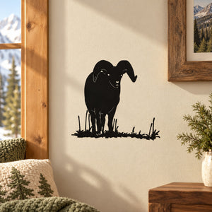 Black ram on grass wall decal, standing ram silhouette with tall grass.