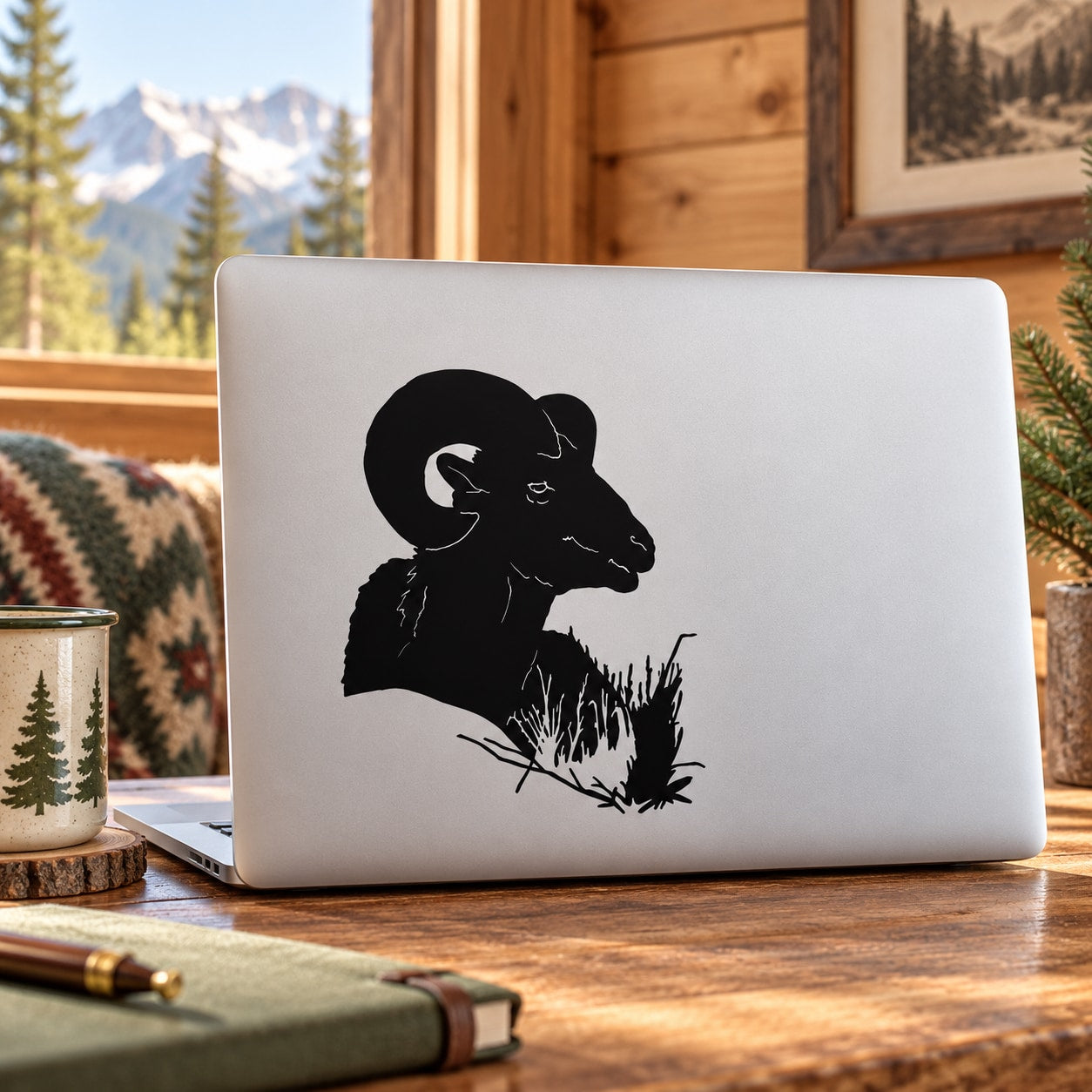 Black ram head peeking from grass decal on a white laptop