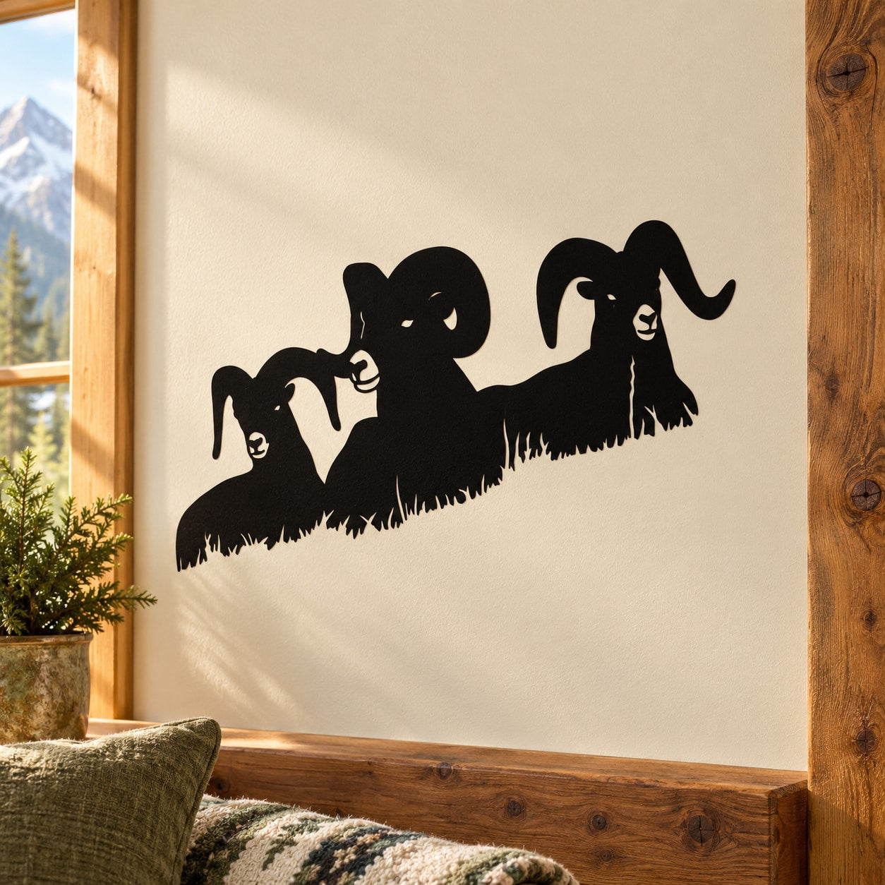 Rams herd wall decal with black silhouettes of three animals over grass