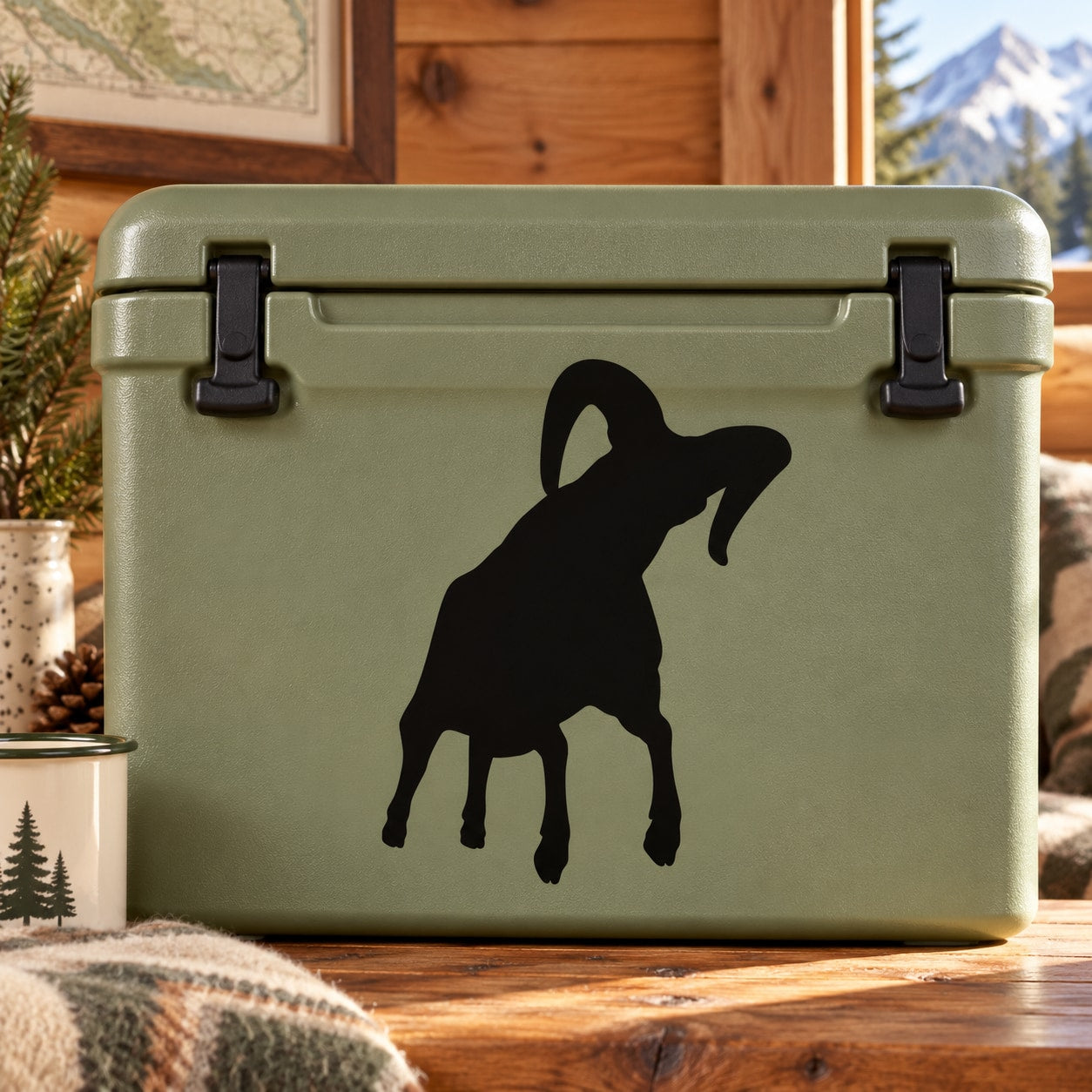 Charging ram silhouette decal on olive green cooler