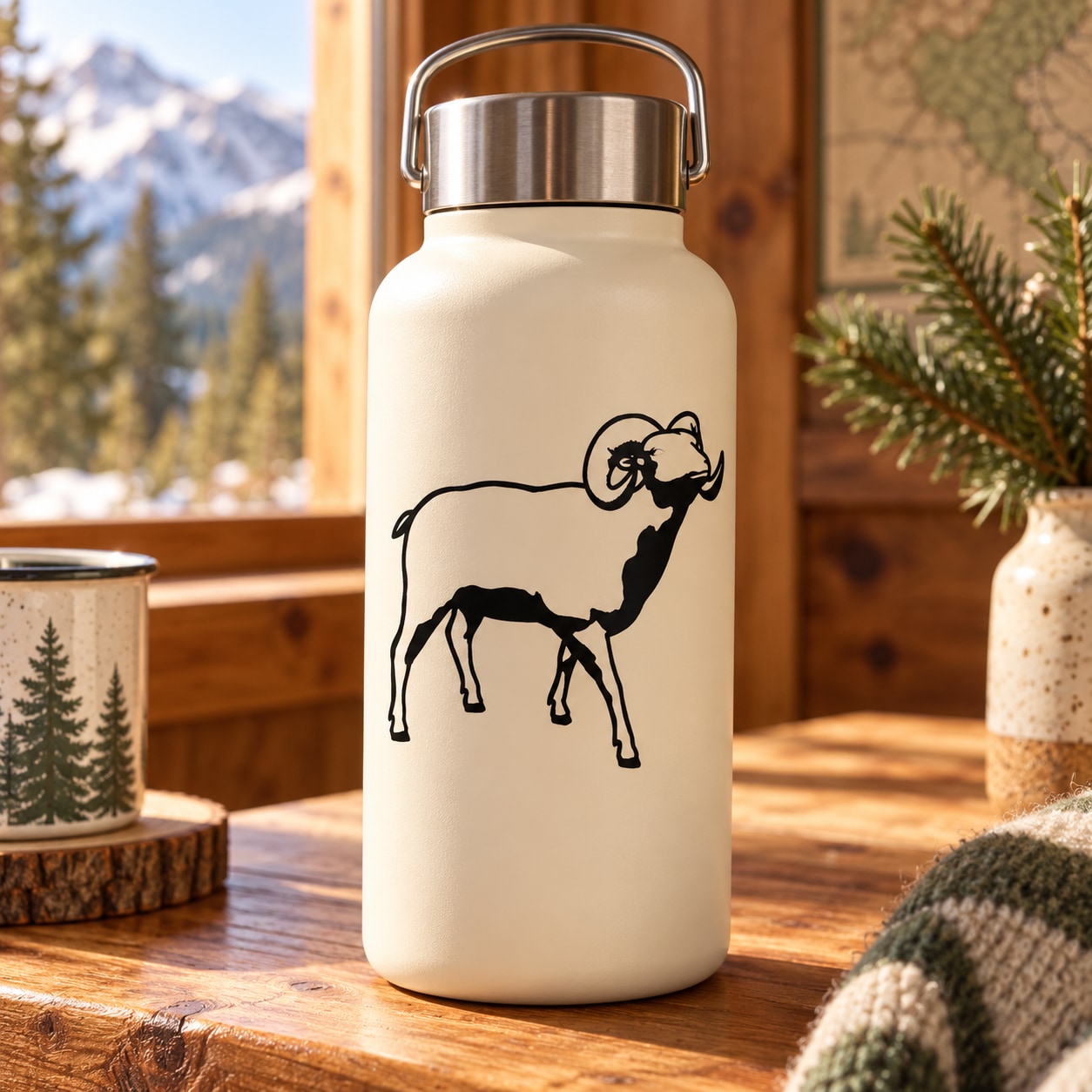 Walking ram decal sticker, black line-art ram on a white bottle