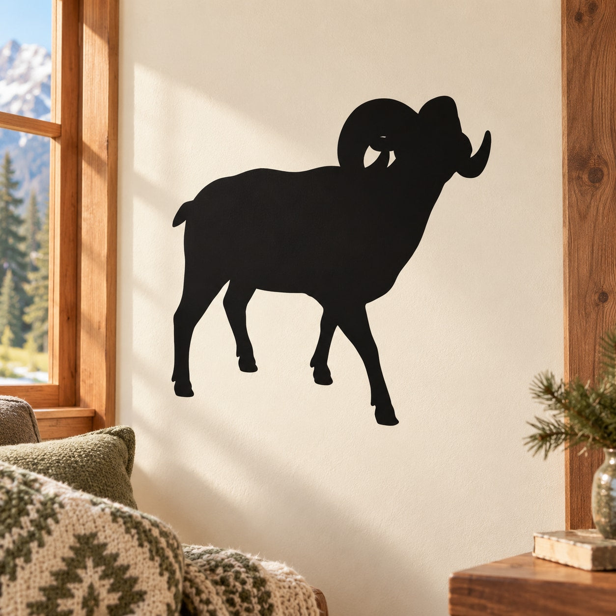 Walking ram silhouette wall decal, black vinyl outline