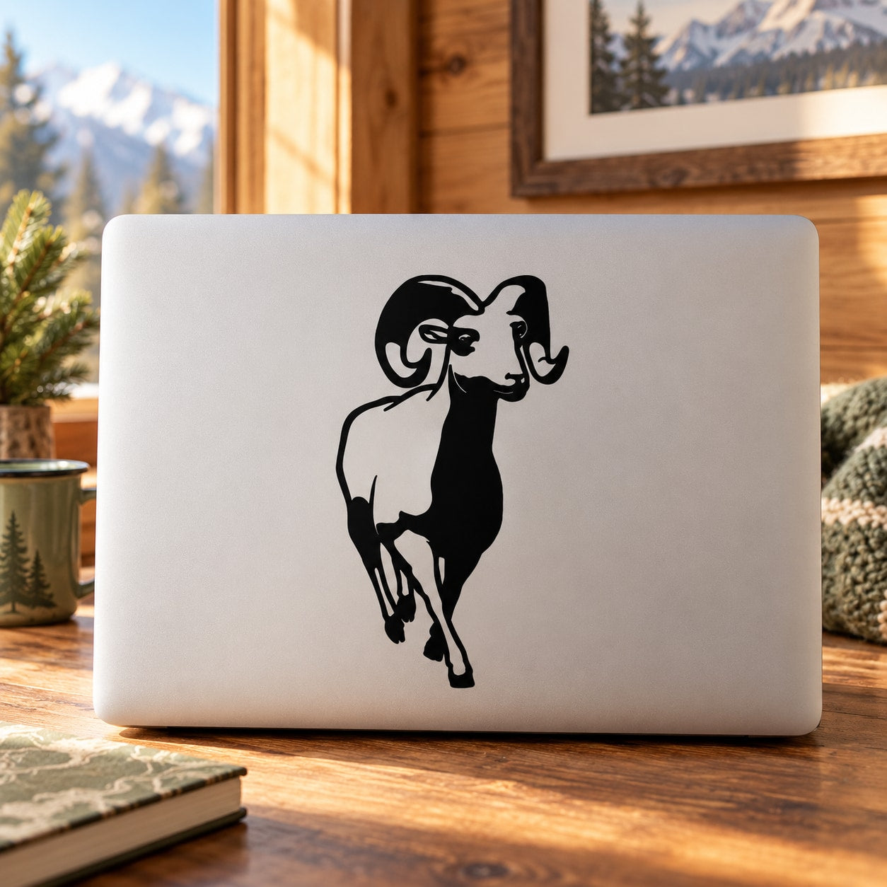 Strolling ram decal with black standing ram silhouette on white rectangular background
