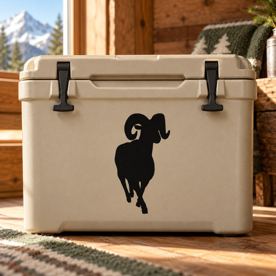 Black strolling ram silhouette decal on a light-colored cooler
