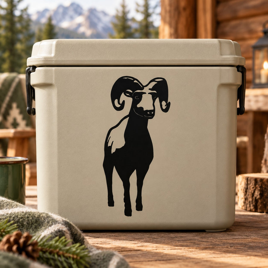 Black ram staring decal on light tan cooler bin
