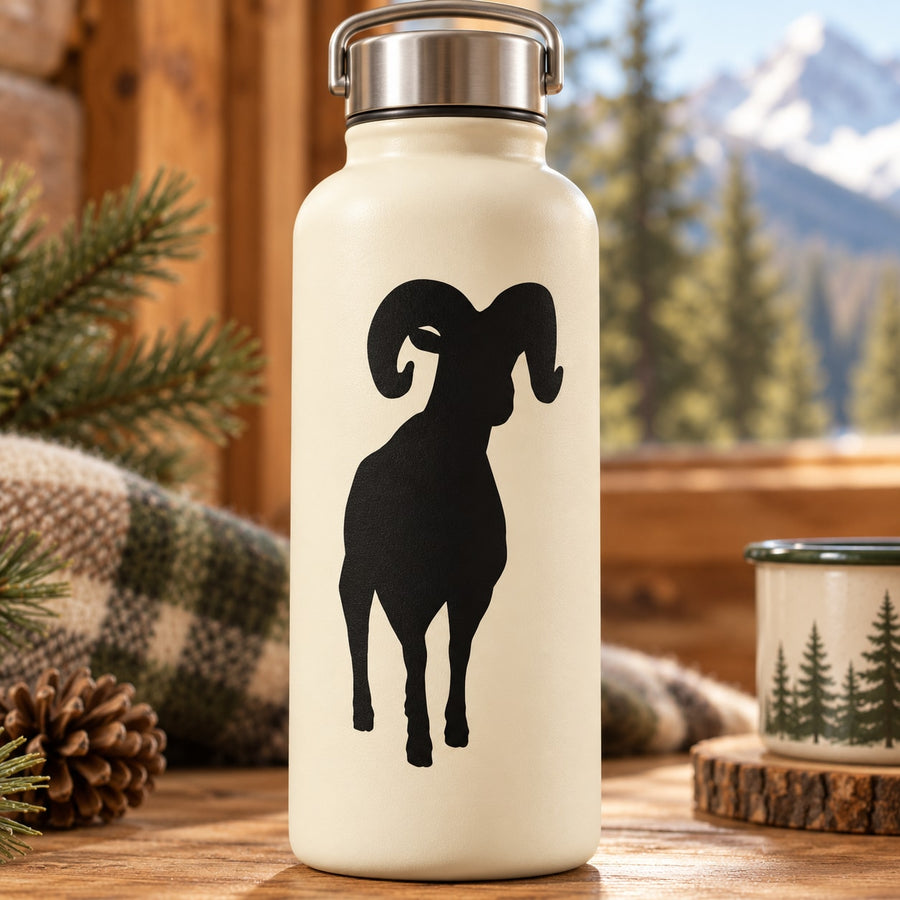 Black ram staring silhouette decal on cream bottle