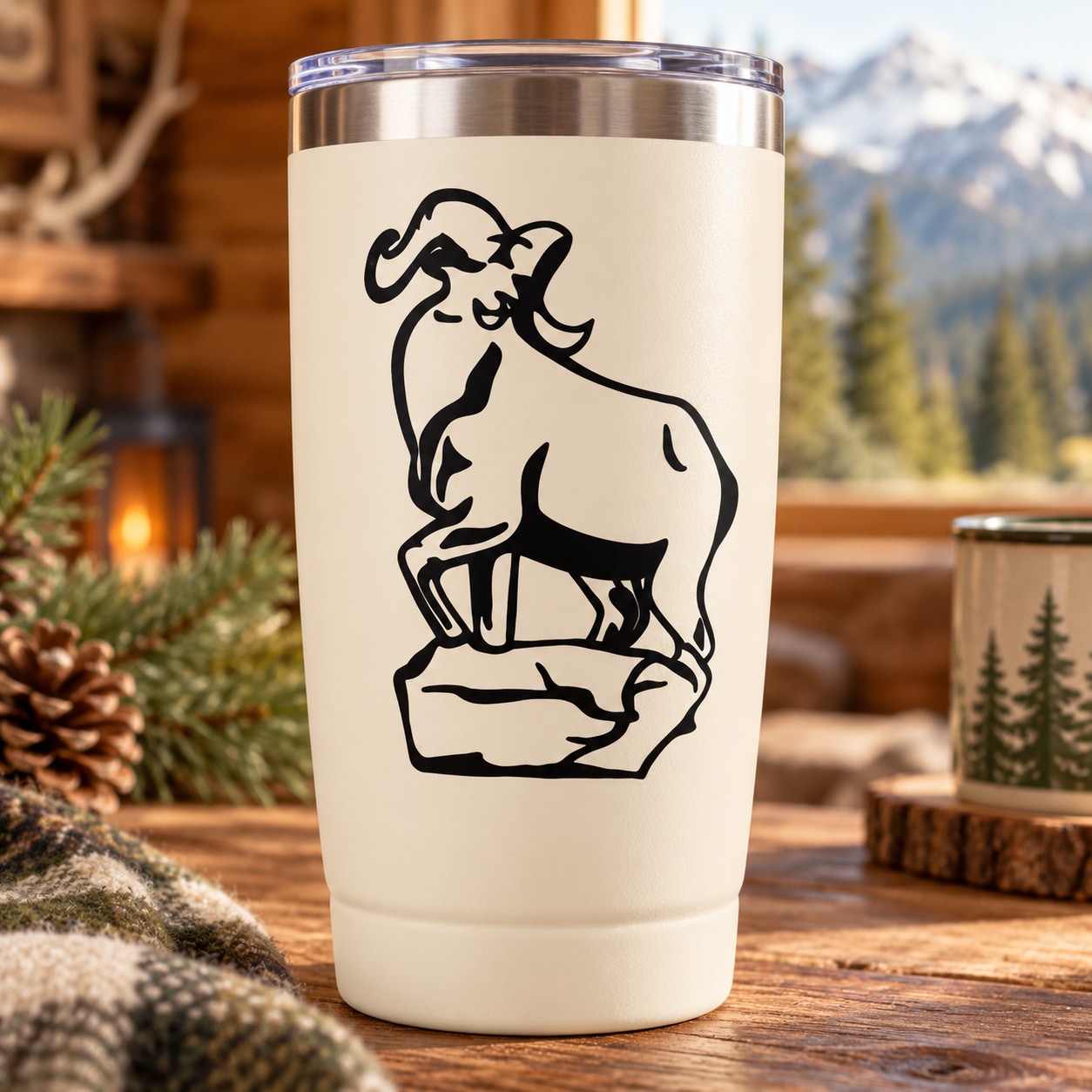 White tumbler with black ram standing on rock decal