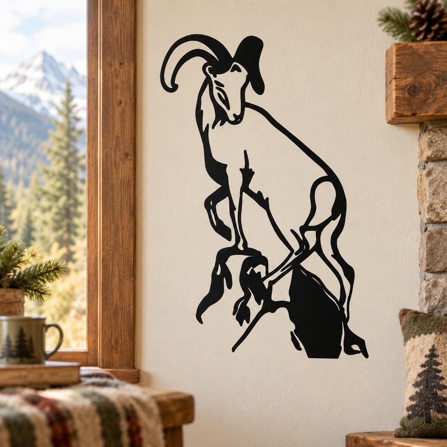 Black ram on cliff wall decal silhouette, outdoorsy animal design