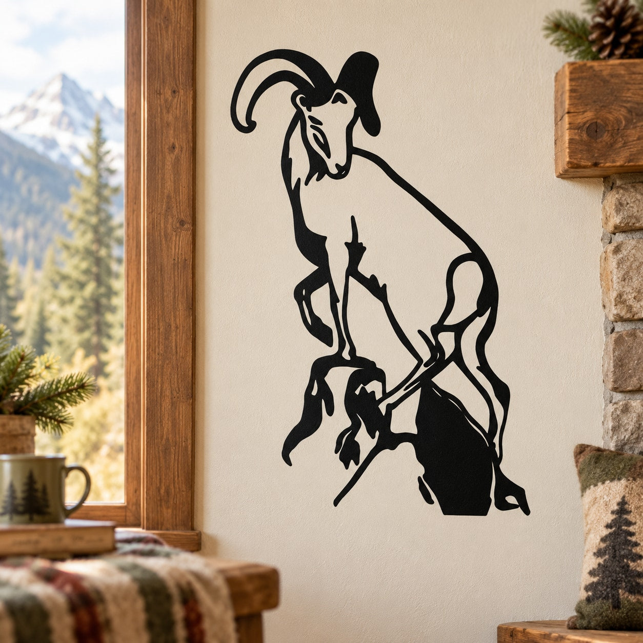 Black ram on cliff wall decal silhouette, outdoorsy animal design