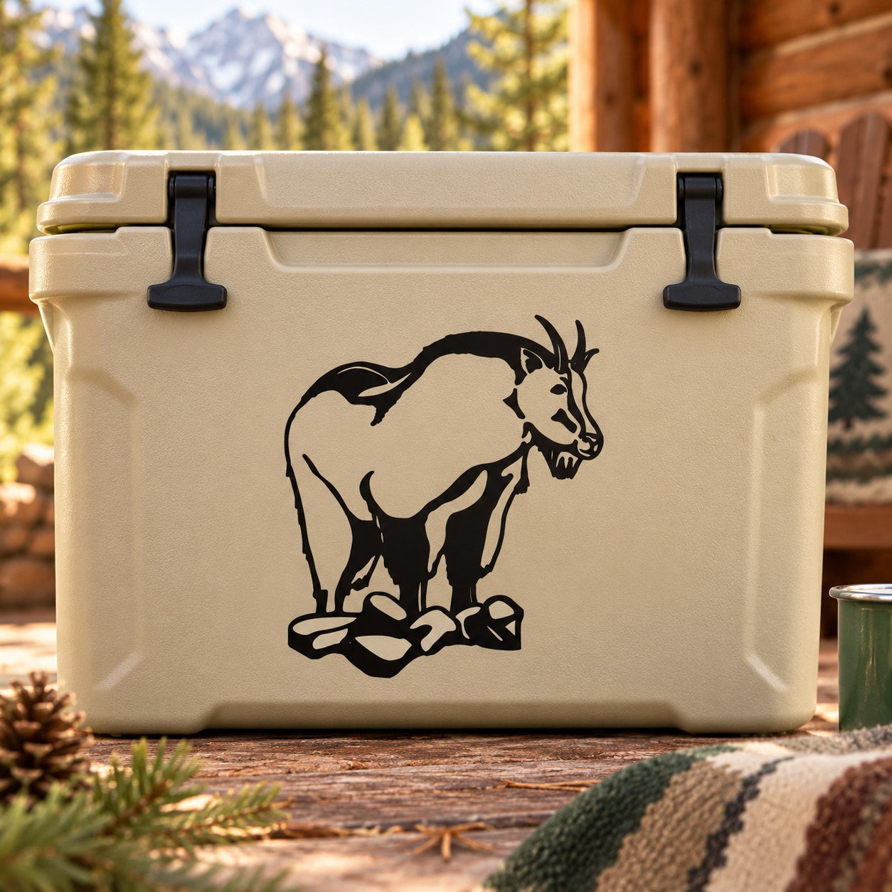 Black mountain goat watching decal on tan surface, single outdoor graphic