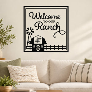 Ranch wall decal: 'Welcome to our Ranch' with barn, fence, and sun icons