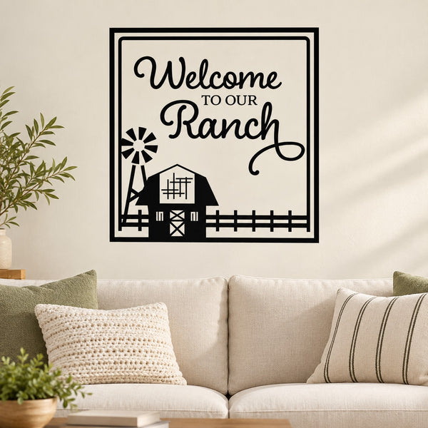 Ranch wall decal: 'Welcome to our Ranch' with barn, fence, and sun icons