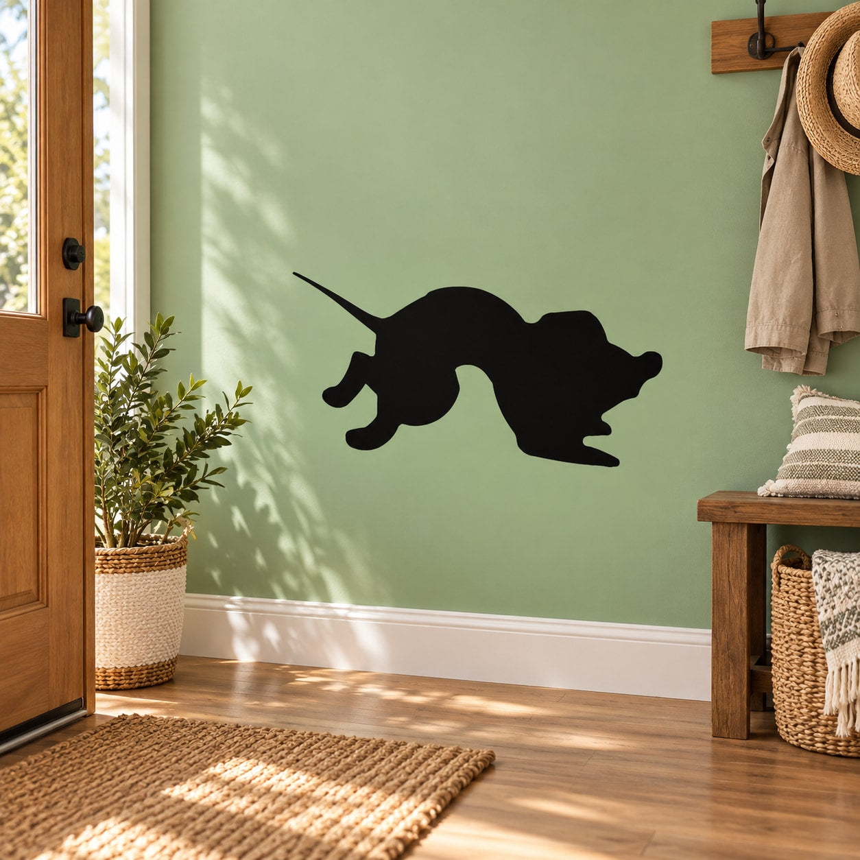 Basset hound silhouette decal, black dog graphic on a smooth wall surface