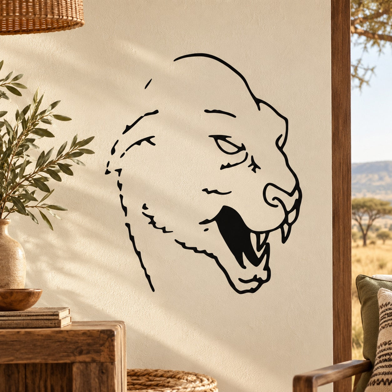 Snarling wild cat head decal in black line art on a light surface