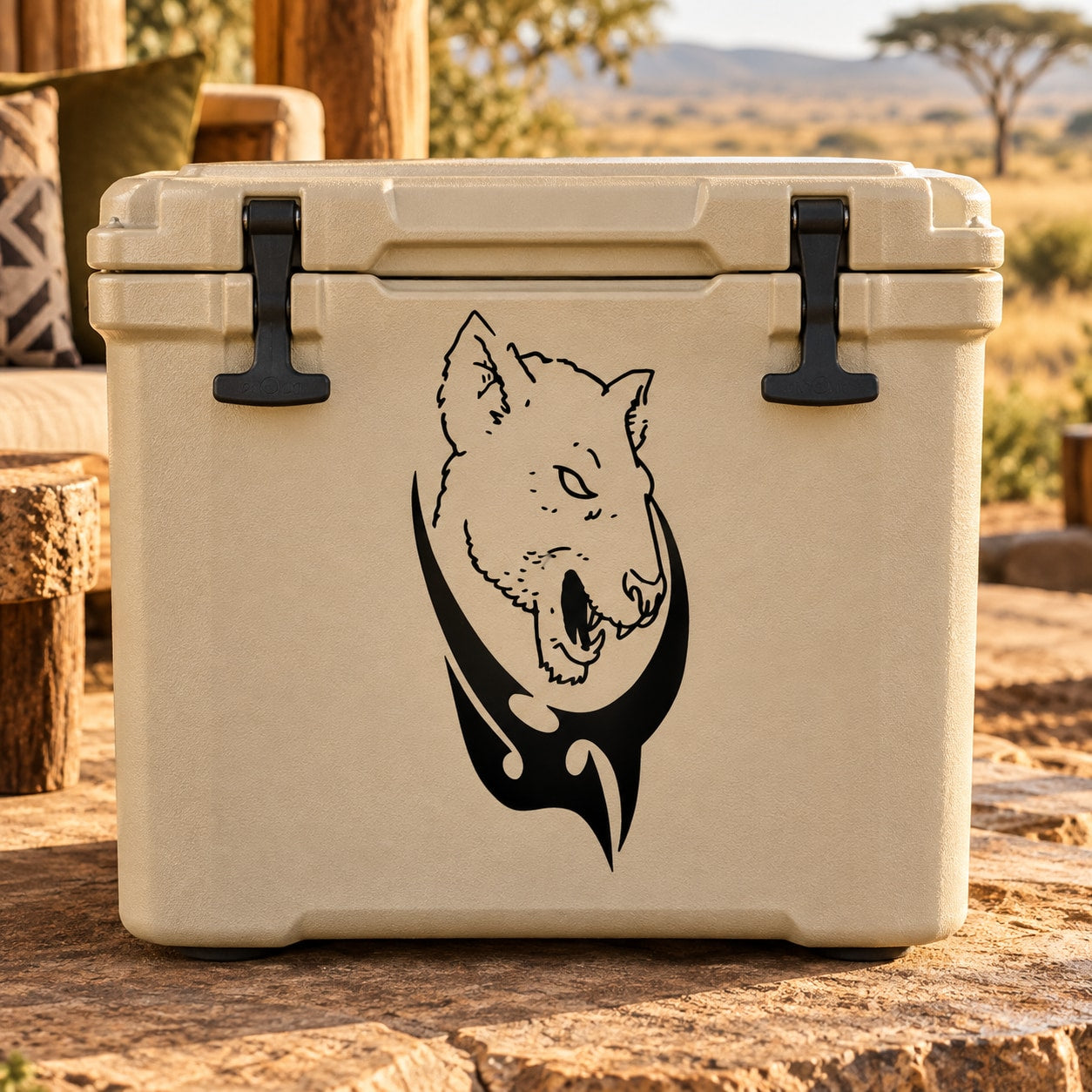 Tribal cat head razor decal on a light-colored cooler lid