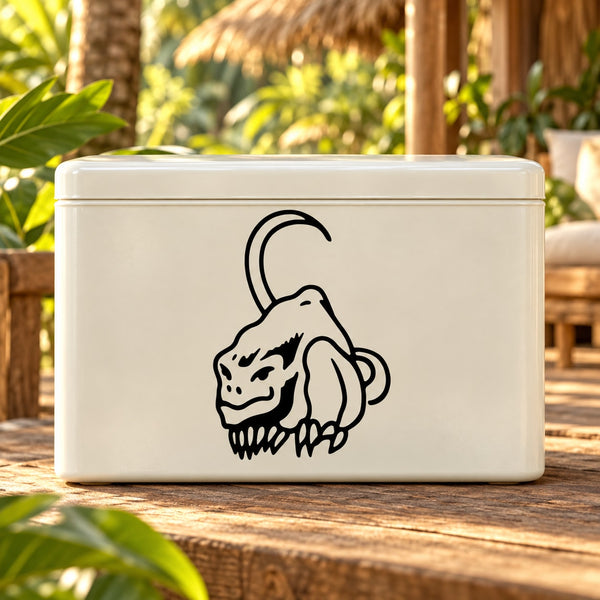 Curled critter decal sticker with black outline on white surface
