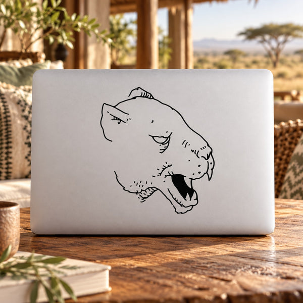 Snarling cat head decal in black line art with bold mouth detail