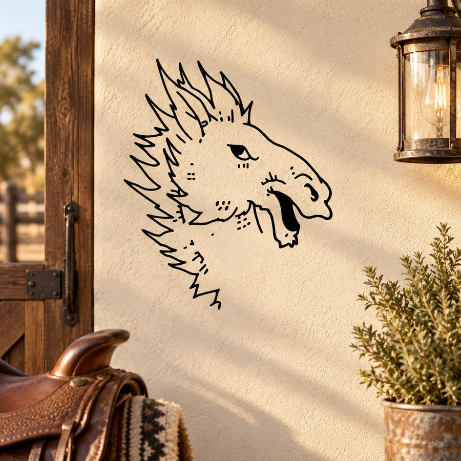 Horse head flame-mane decal, black line art on light background