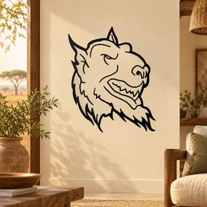 Smiling devil creature head wall decal, bold black line art with grin