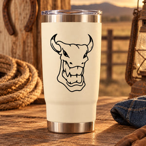 Smiling horned bull face line-art decal in black outline on light background