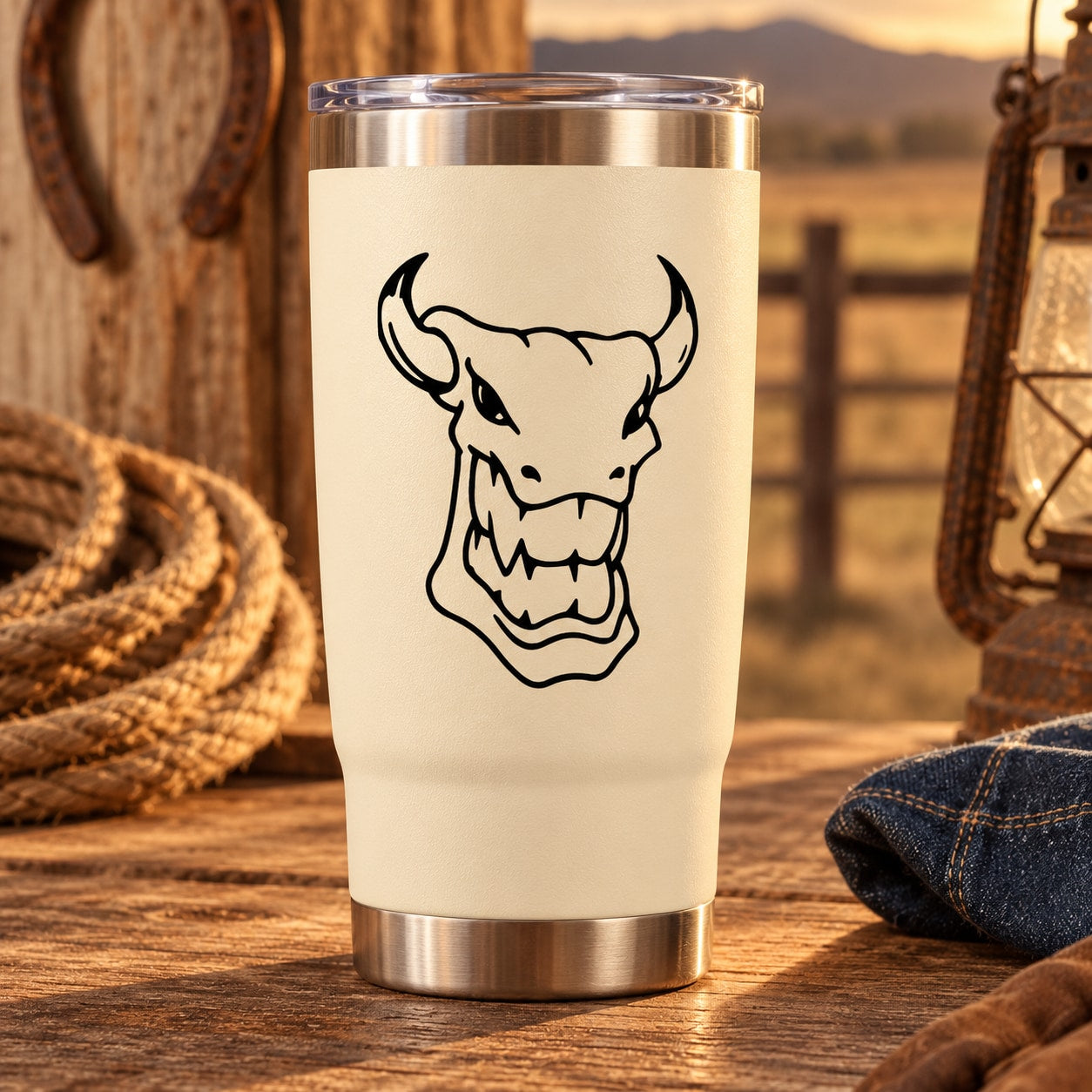 Smiling horned bull face line-art decal in black outline on light background