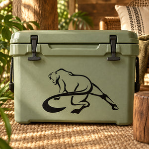 Green hard cooler with black panther tail whip decal