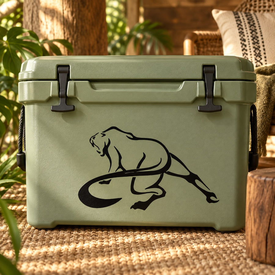Green hard cooler with black panther tail whip decal