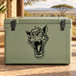 Snarling wild cat head decal sticker in black line art on a green surface