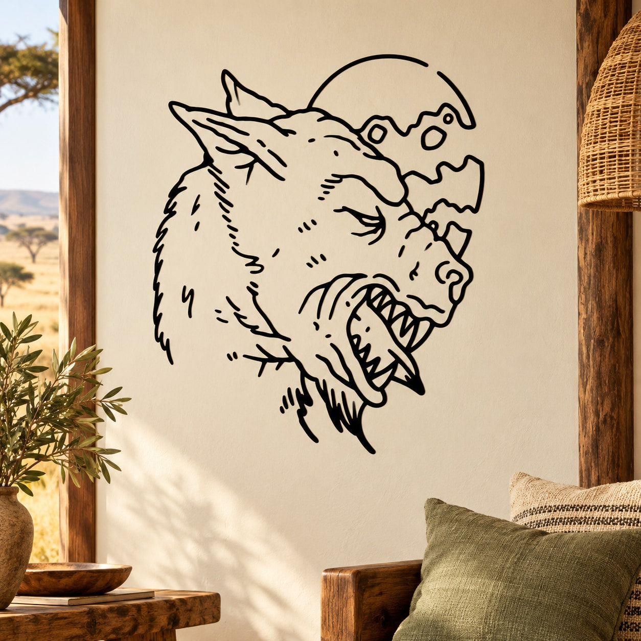 Werewolf howling and moon wall decal, black line art.