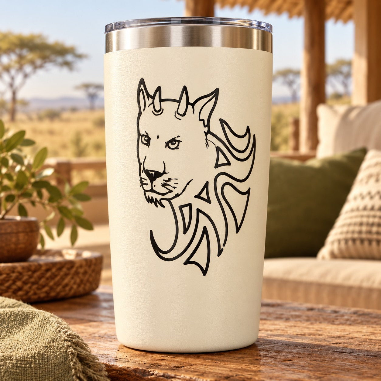 Black horned wild cat head line-art decal