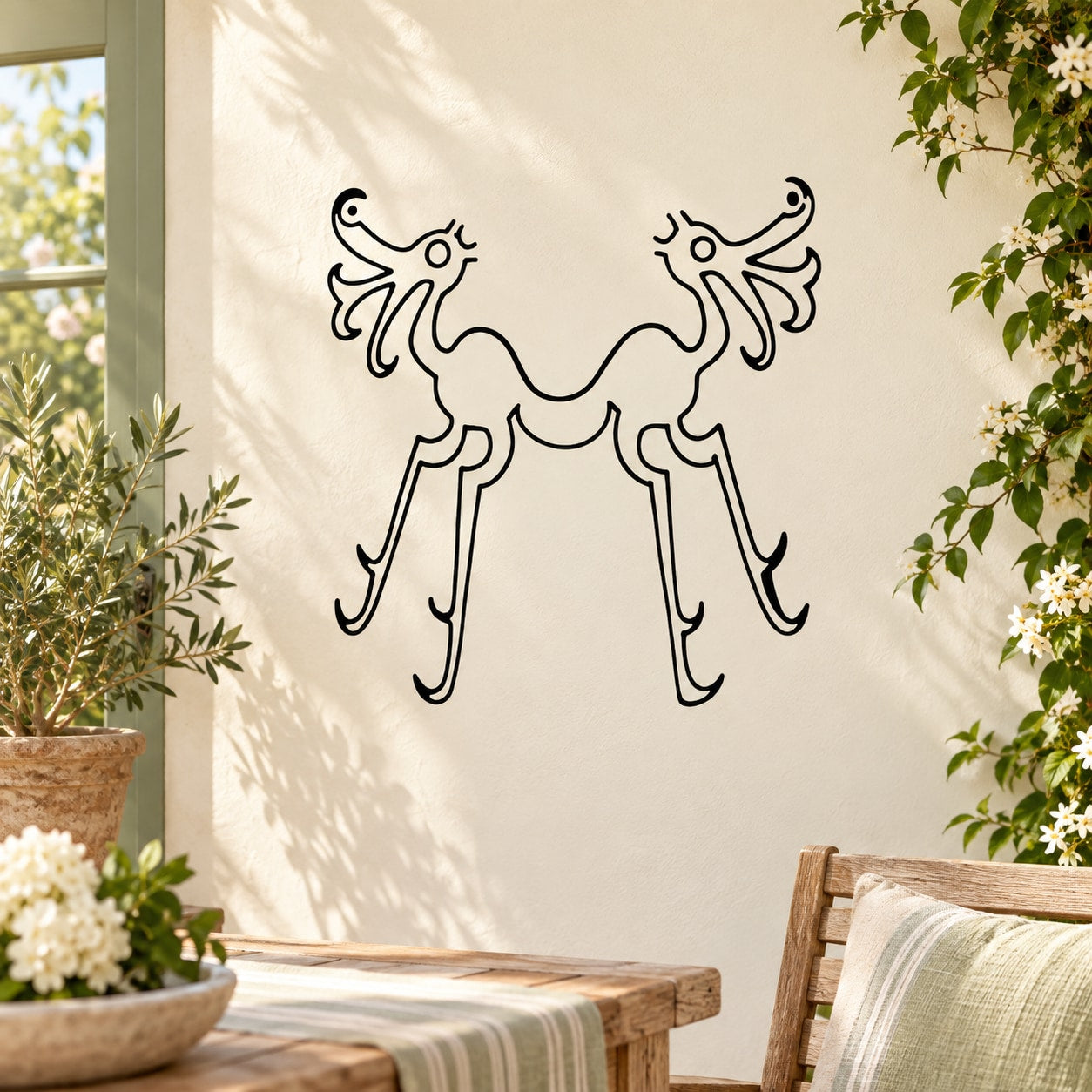 Abstract double bird decal with medieval-style line art, black on light surface