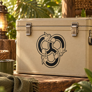 Abstract interlocking panther decal on beige storage box