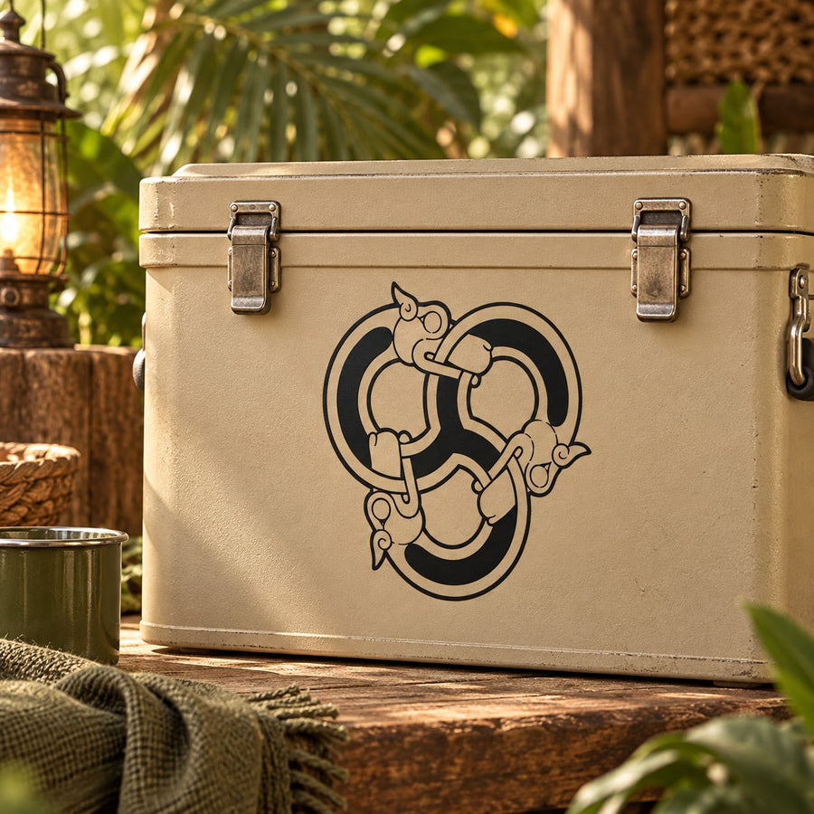 Abstract interlocking panther decal on beige storage box