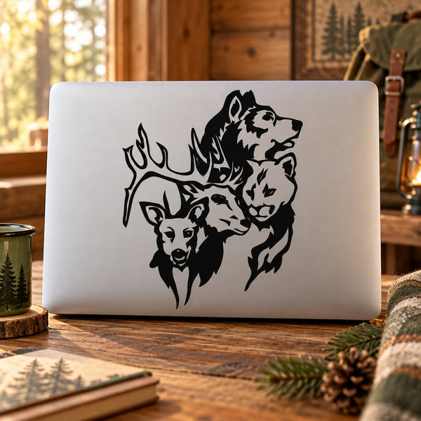 Black forest animal decal with wolf, bear, deer, and cat faces on white rectangle