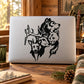 Black forest animal decal with wolf, bear, deer, and cat faces on white rectangle