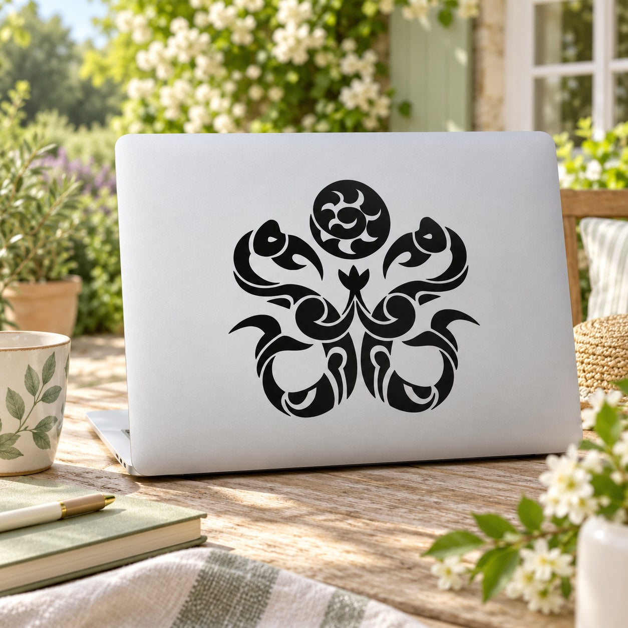 Abstract sea birds and conch decal sticker, black illustration on light backing.
