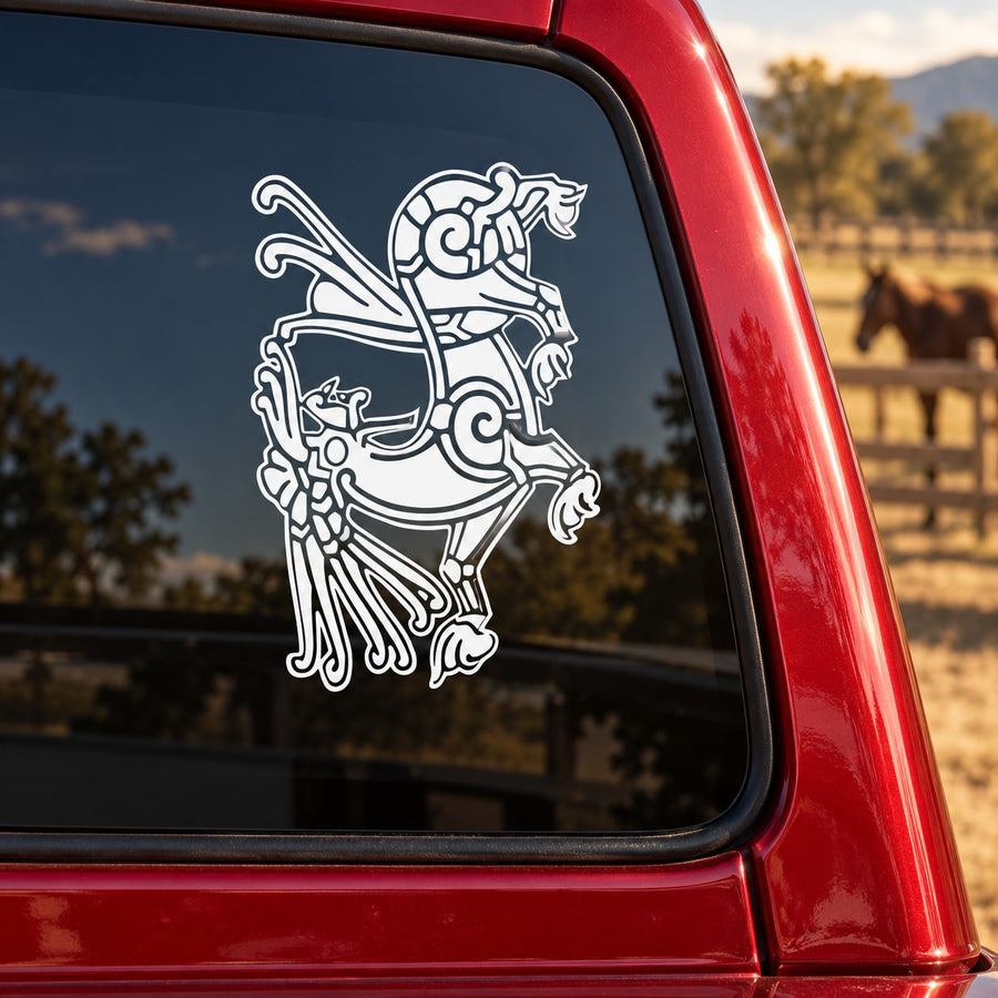 White outline Capricorn mythological decal on car window glass