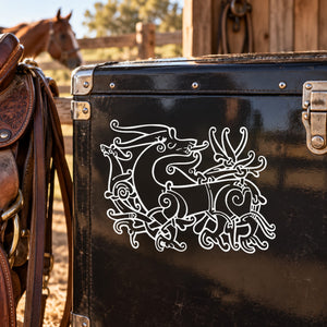 Horse decal with white line-art Sleipnir emblem, eight-legged design