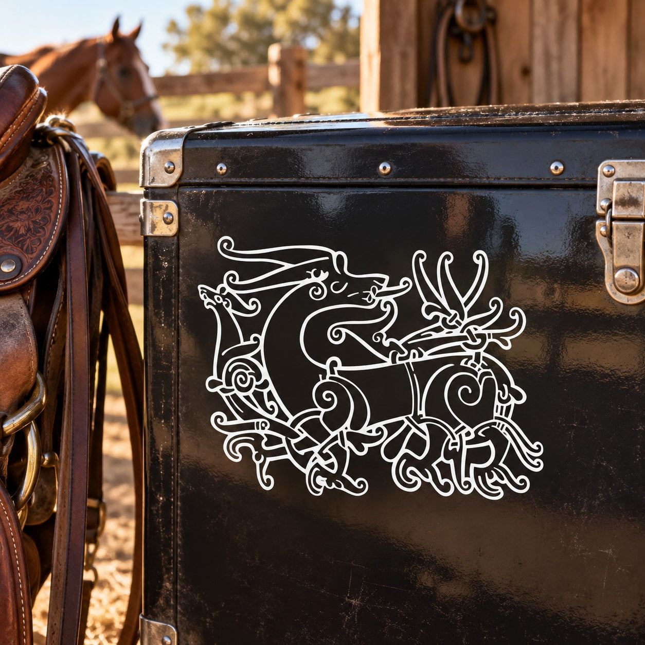 Horse decal with white line-art Sleipnir emblem, eight-legged design
