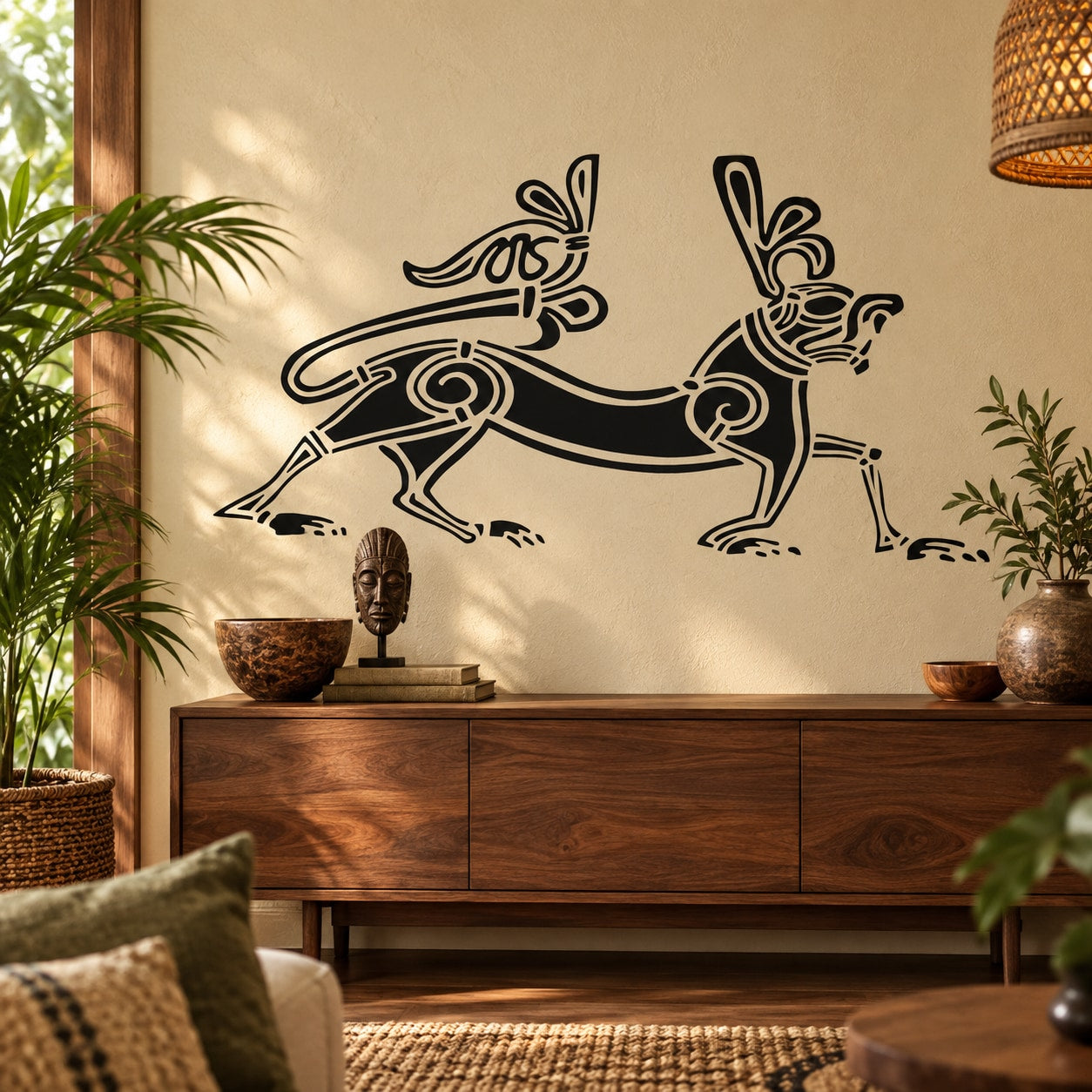 Aztec-style panther wall decal in black tribal line art
